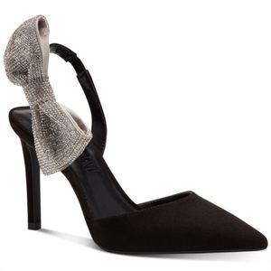 Aminah Abdul Jillil x INC Black Suede Crystal Bow Slingback Stiletto Pumps